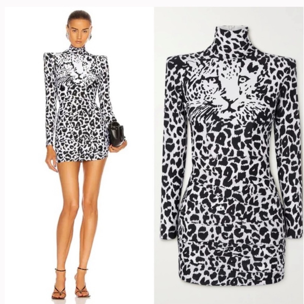 Alex Perry Ryan Leopard-print Stretch-jersey Turtleneck Mini Dress NWOT/ New